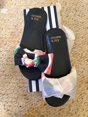 crown & ivy Black Slides with Multicolor Striped Bow
